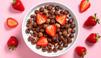 Cereal in bowl with cut strawberries around on a light pink background