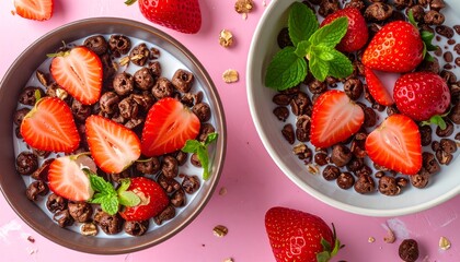 Two bowls of chocolate cereal and sliced strawberries on pink surface