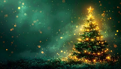 Lit Christmas tree with gold star, glowing lights, bokeh on green background