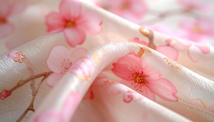 Silken fabric with pink cherry blossoms, soft folds and warm, diffused light