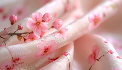 Pink cherry blossoms bloom on draped, soft peach colored fabric texture