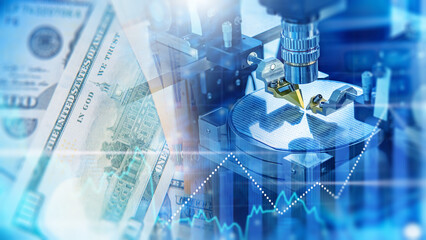 Semiconductor manufacturing process analyzes microchip production costs and performance. High tech...