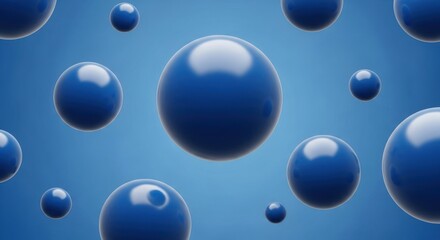 Floating, glossy blue spheres on a gradient blue background with soft lighting