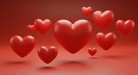 Floating red 3D hearts on a gradient red background, with focus on the larger heart