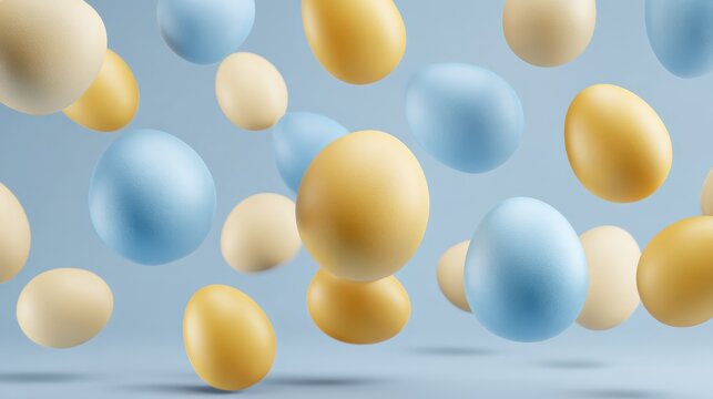 Floating composition of pastel blue and yellow eggs in the air, center is empty for product placement, zero gravity concept