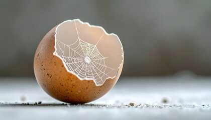 Cracked eggshell with spiderweb inside, speckled brown outside
