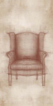 A sketch of an armchair with high back and wing-like sides rendered in a sepia tone