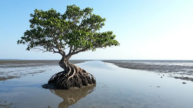 A solitary, resilient tree with a strong, gnarled trunk and intricate exposed root system stands majestically in a shallow expanse of water and mudflats under a clear, bright blue sky. The tranquil wa