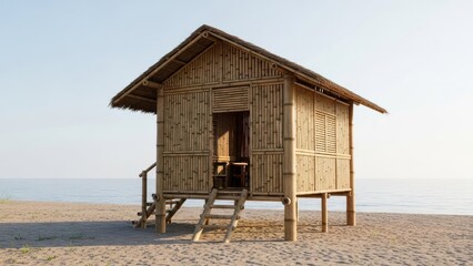 A bamboo hut stands on stilts on a sandy beach, with ocean and sky in background