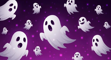 Cartoon ghosts float across a dark purple night sky with twinkling stars