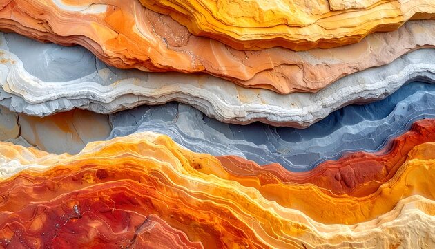 Wavy sedimentary rock layers, orange, gray, & red hues, natural abstract background