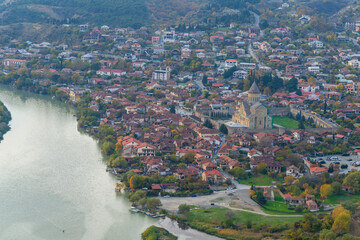 Panoramic view of the Aragvi and Kura rivers confluence and Mtskheta city seen from Jvari monastery © vahanabrahamyan