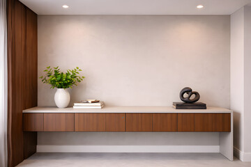 Modern minimalist office with floating cabinet and decor accents