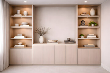 Modern office with decorative shelving and built-in storage