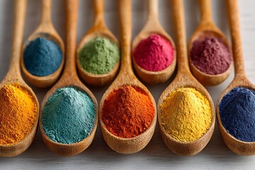 A collection of colorful powder piles in wooden spoons on a table
