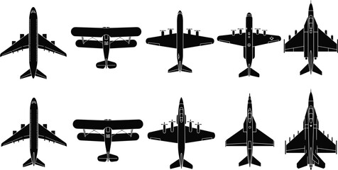 Top view airplane silhouettes set featuring passenger jet, biplane, bomber and fighter aircraft isolated on white background vector © Nupoor's World