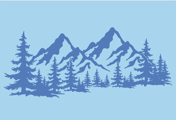 Obraz premium Mountain range with pine trees on a light blue background