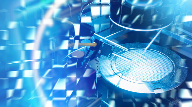 Semiconductor manufacturing, Automated probes inspect silicon wafer during microchip fabrication, cleanroom equipment supports electronics production and materials science research.