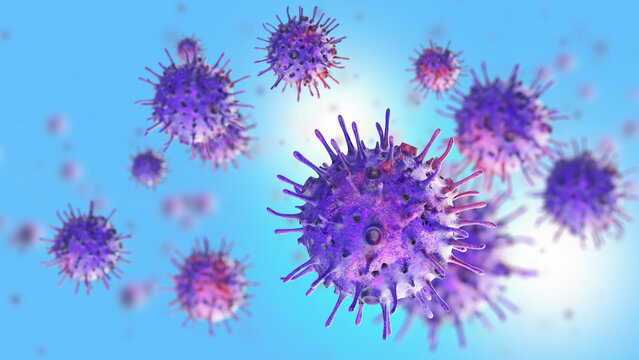 Virology and medical research, 3D illustration of viral particles showing infection spread, pathogen structure analysis, disease study and biomedical science.
