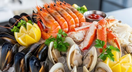 A seafood platter with a variety of seafood items, including shrimp, crab, mussels, and clams, arranged on a bed of ice with lemon wedges and garnishes.