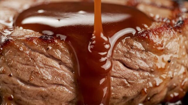 Delicious grilled meat receives a luxurious cascade of rich, savory brown sauce, enhancing its mouthwatering appeal
