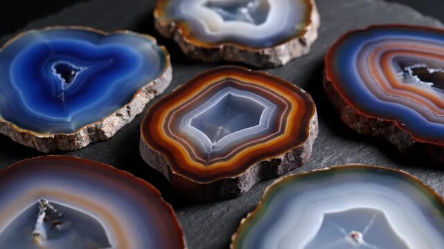This mesmerizing close-up footage showcases a collection of vibrant, polished gemstone slices, most notably agates, arranged elegantly on a dark, textured surface. Each piece reveals intricate, concen