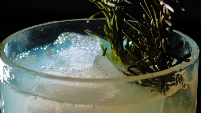 Delicious alcoholic cocktail made with jin tonic and ice in glasses for relaxing at night and refreshing in the summer. Spices and green lime for flavor. Bartender and bar. Rosemary burns with fire