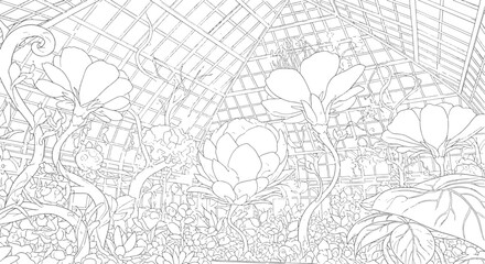 Obraz premium Giant Tropical Flowers Blooming Inside a Glass Conservatory Greenhouse Coloring Page