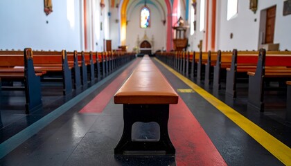 Church interior featuring rows of pews, stained glass, and colorful floor stripes