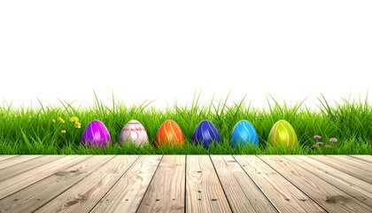 Easter eggs nestled in grass, displayed on wooden boards, against white