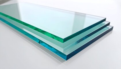 Stacked glass sheets, clear and teal hues, reflecting light