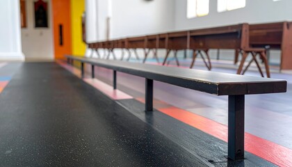 Long bench in brightly colored room, receding into distance