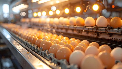 Industrial egg grading/sorting line with conveyor belts & bright lighting