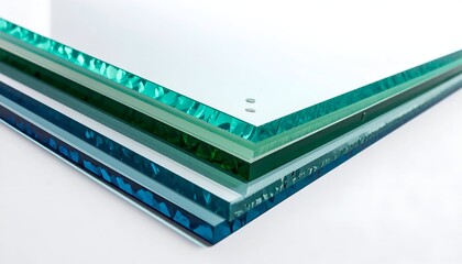 Stack of textured, clear glass panes; green, blue, and transparent hues