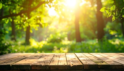 Sunlit forest scene with rustic wooden plank surface in foreground