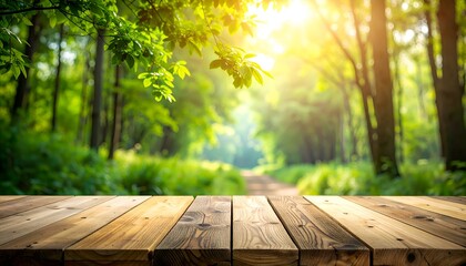 Wooden platform overlooks bright, lush forest path bathed in sunlight