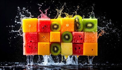 Cubed fruit mosaic with water splashes on black backdrop, vivid and refreshing
