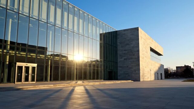 This video captures a striking exterior view of a contemporary architectural building featuring a prominent glass facade and a minimalist concrete section under a clear blue sky. The golden hour sunli