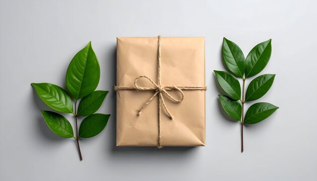 Gift wrapped in brown paper, tied with twine, green leaves on each side