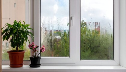 Fototapeta premium Window pane with condensation and plants, showcasing an outdoor view of greenery