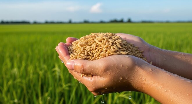 Two hands holding a pile of rice against a lush green field.