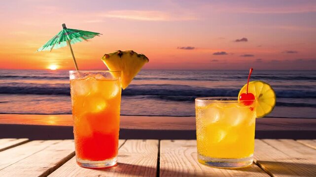 Two vibrant, icy tropical beverages sit on a rustic wooden surface, perfectly positioned against a breathtaking ocean sunset. One tall drink, adorned with a miniature cocktail umbrella and a fresh pin
