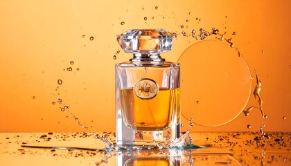 Elegant perfume bottle surrounded by water splashes, orange background
