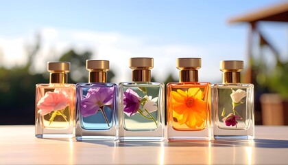 Five clear bottles with flowers inside, in a bright, natural, outdoor setting