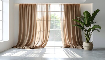 Bright room with large windows, flowing curtains, and a potted tropical plant