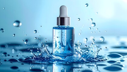 Blue serum bottle, water splash, drops on shiny surface, serene backdrop