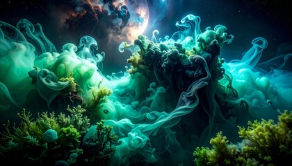 Ethereal green smoke blooms under a luminous moon, surreal underwater landscape