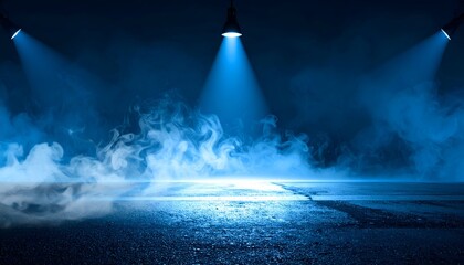 Stage lit with blue spotlights and hazy fog on asphalt