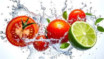 Sliced tomato, tomatoes, & lime splash in water on white background