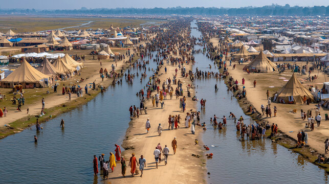  Kumbh Mela pilgrimage with devotees taking holy dip in river.
